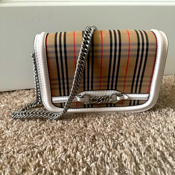 Burberry Link Check Shoulder Bag with Leather Trim - Picture 1 of 5